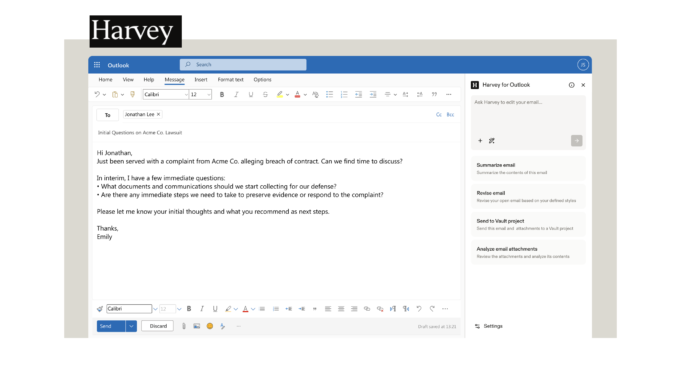 Harvey Launches Outlook Add-In – Artificial Lawyer